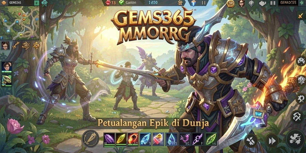 Gameplay GEMS365 menampilkan pertarungan dan eksplorasi yang seru.