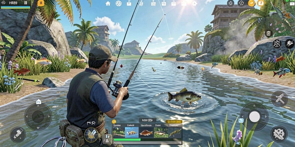 Screenshot HR89 menampilkan pemain yang sedang memancing di danau yang indah.