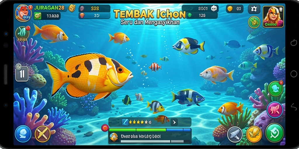 Screenshot menunjukkan aksi menembak ikan menarik dalam JURAGAN28.
