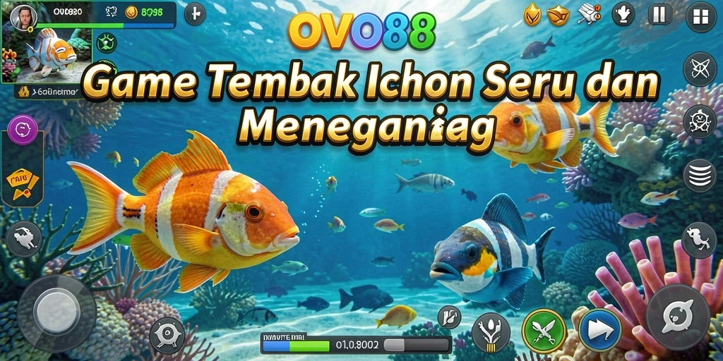 Tampilan gameplay OVO88 dengan ikan beragam dan senjata menarik.