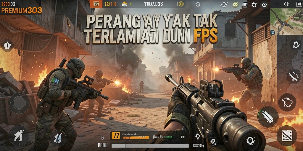 Screenshot utama PREMIUM303 menampilkan aksi menembak yang seru di medan perang.